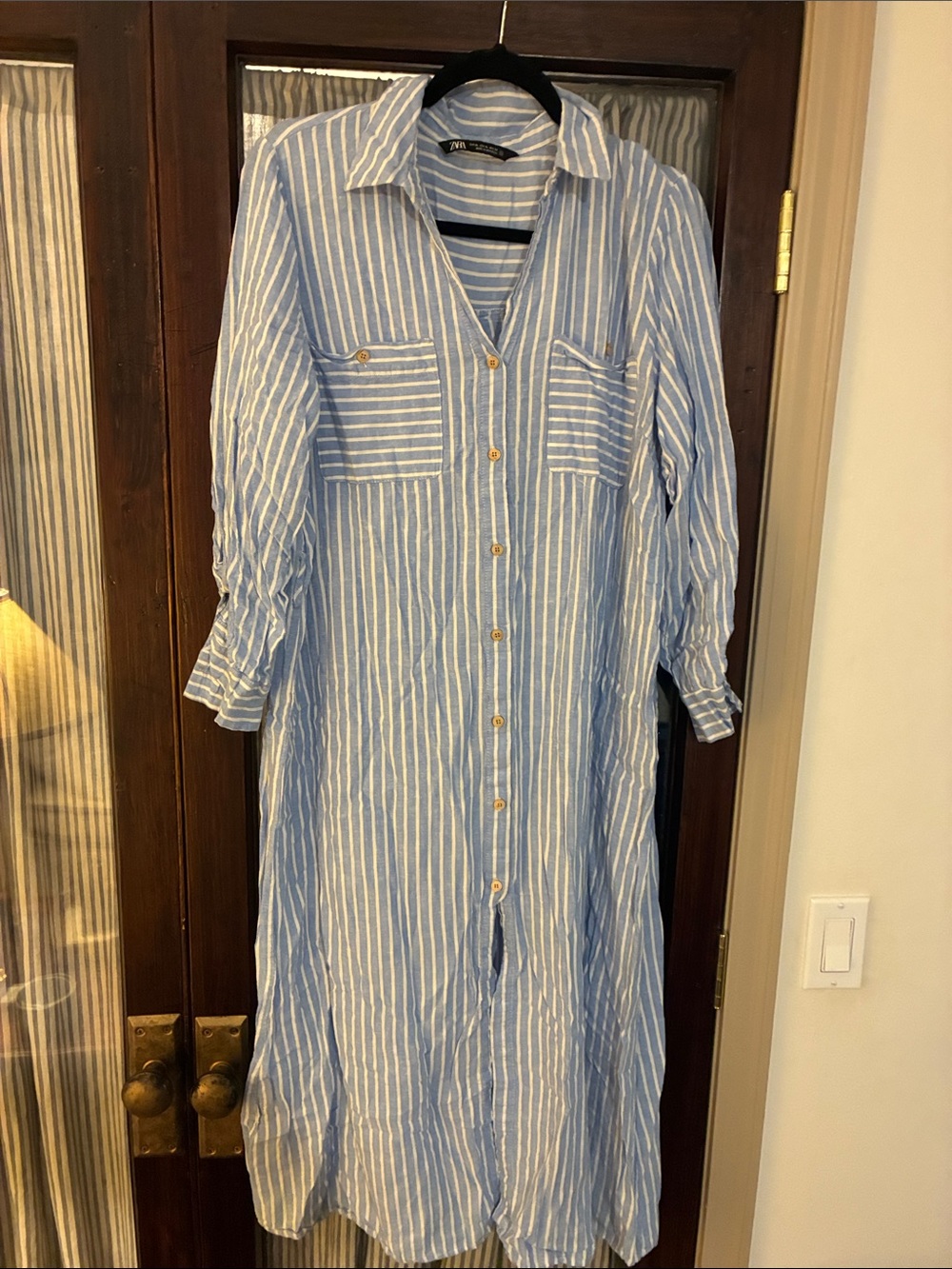 Zara Blue and White Striped Maxi Shirt Dress